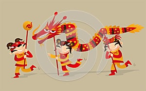 Three Chinese kids playing dragon dance to celebrate the Chinese New Year coming