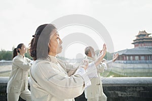 Three Chinese People Practicing Tai Ji, by the Canal