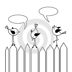 Three chirping birds on the fence.
