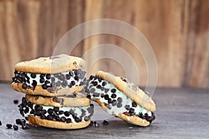 Three Chocolate Chip Mint Ice Cream Cookie Sandwiches