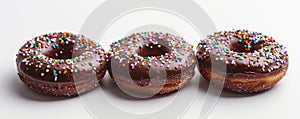 Three chocolate frosted donuts with sprinkles on white background