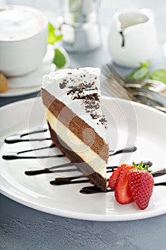 Three chocolate layered mousse cake