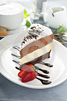 Three chocolate layered mousse cake