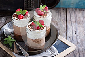 Three chocolate mousse dessert in a jar