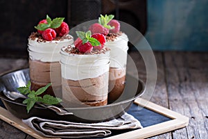 Three chocolate mousse dessert in a jar