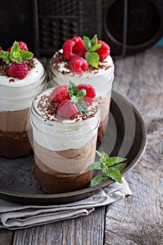 Three chocolate mousse dessert in a jar