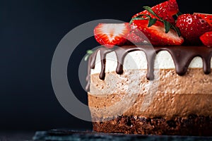 Three chocolates cake with chocolate drips on a black background. Layered cake with milk, black and white chocolate souffle