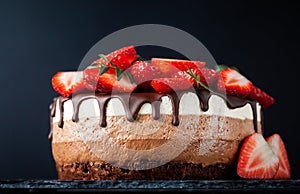 Three chocolates cake with chocolate drips on a black background. Layered cake with milk, black and white chocolate souffle