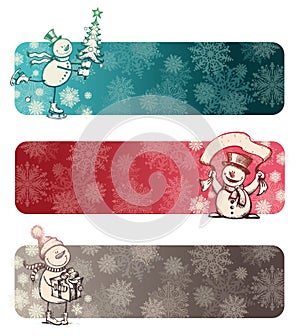 Three chrismas banners with snowmans