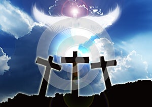 Three christian Crosses, angel rising beautifull clouds photo