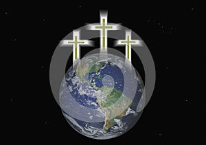 Three Christian Crosses Hover Over Earth photo