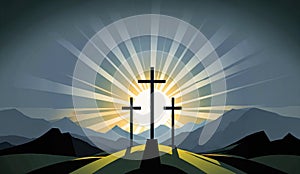 Three Christian Easter and Good Friday Holiday Crosses on Hill of Calvary with Colorful Clouds in Sky. Web banner of