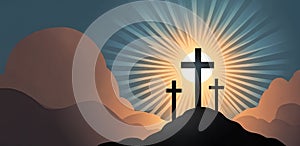 Three Christian Easter and Good Friday Holiday Crosses on Hill of Calvary with Colorful Clouds in Sky. Web banner of