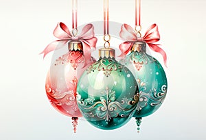 Three Christmas Balls and Ribbon. Holiday Decoration. Ornamental Deco. Generative AI.