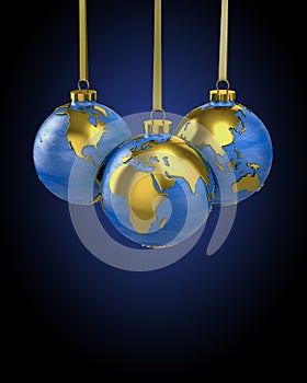 Three christmas balls shaped as globe or planet photo