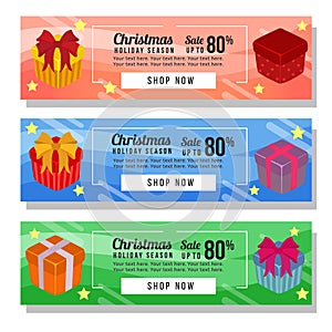 Three christmas banner website christmas gift box flat style