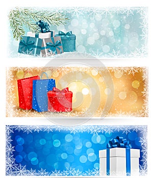 Three christmas banners with gift box