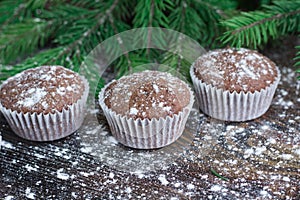 Three Christmas cakes, winter snowbound wooden background, fir b