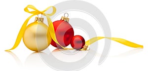 Three Christmas decoration baubles with ribbon bow isolated on white background