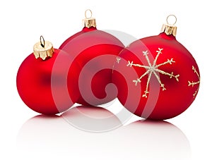 Three Christmas decoration red baubles isolated on white background