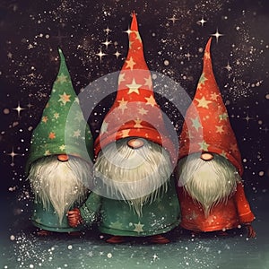 Three Christmas gnomes on snowing background