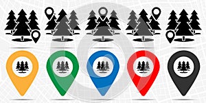 Three christmas trees in the forest icon in location set. Simple glyph, flat illustration element of camp theme icons