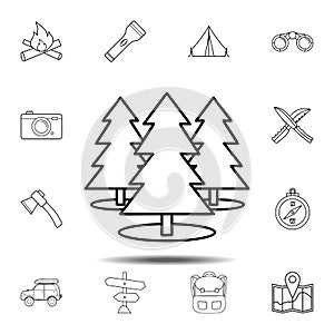 Three Christmas trees in the forest icon. Simple outline vector element of camping set icons for UI and UX, website or mobile