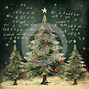 Three Christmas Trees on Music note accented dark green background