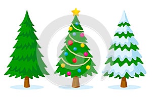 Three Christmas trees â plain, decorated, and snow?covered