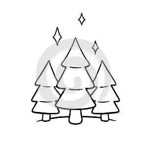 Three Christmas trees stand under the starry sky. Night forest. Doodle sketch isolated on white background. Hand drawn vector