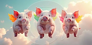 Three chubby pigs with rainbow wings float amidst fluffy clouds , animation, wings