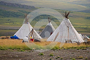 Three chums. Summer camp of nomadic reindeer herders in the Polar Urals