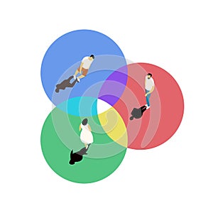 Three circles with different people overlaps with each other as symbol of consensus of opinions