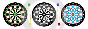 Three classical Dartboards for playing darts. Four darts for game. Flat style. isolated vector photo