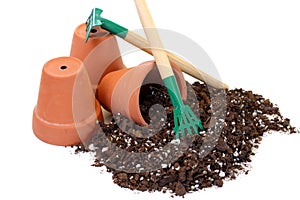 Three Clay Pots, Soil and Tools