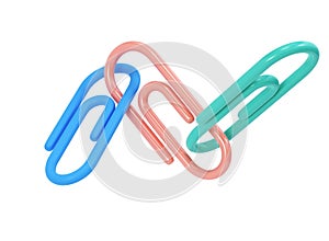 Three clips 3d icon school. Volumetric tool for paper and documents. Blue, pink and green sturdy holder for attaching