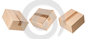 three closed cardboard boxes