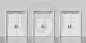 Three closed white doors in row, decision and choice concept