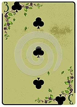 Three of Clubs playing card. Unique hand drawn pocker card. One of 52 cards in french card deck, English or Anglo-American pattern photo