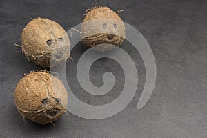 Three coconuts on black background