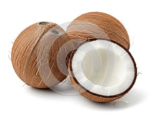 Three coconuts, one opened, isolated on white background