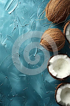 Three coconuts placed on a blue surface, with one coconut cut in half, showcasing the white flesh and brown shell