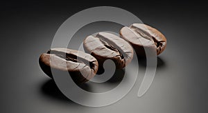 Three Coffee Beans Dark Brown Close Up on Smooth Surface
