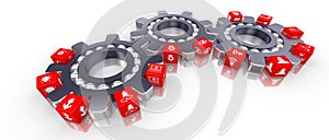 Three cogs transporting cubes with information security icons