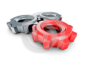 Three cogwheel gears with red leader on white background