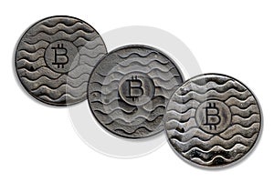Three coin bitcoin is rusty. Isolated On White