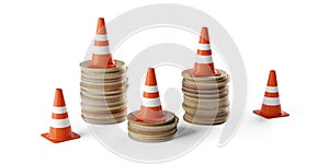 Three coin stacks with traffic cones over white background, money safety, value protection or banking concept