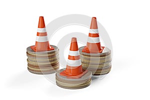 Three coin stacks with traffic cones on top over white background, money safety, value protection or banking concept