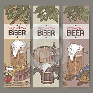 Three color beer labels with beer keg, mug, chips, hop branch, wheat and snack plate.