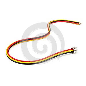 Three Color Electrical Wire With Metal Connector On White Background cable power